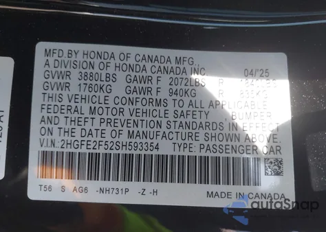 2025 Honda Civic Sport из США, поврежденный, VIN 2HGFE2F54SH594134